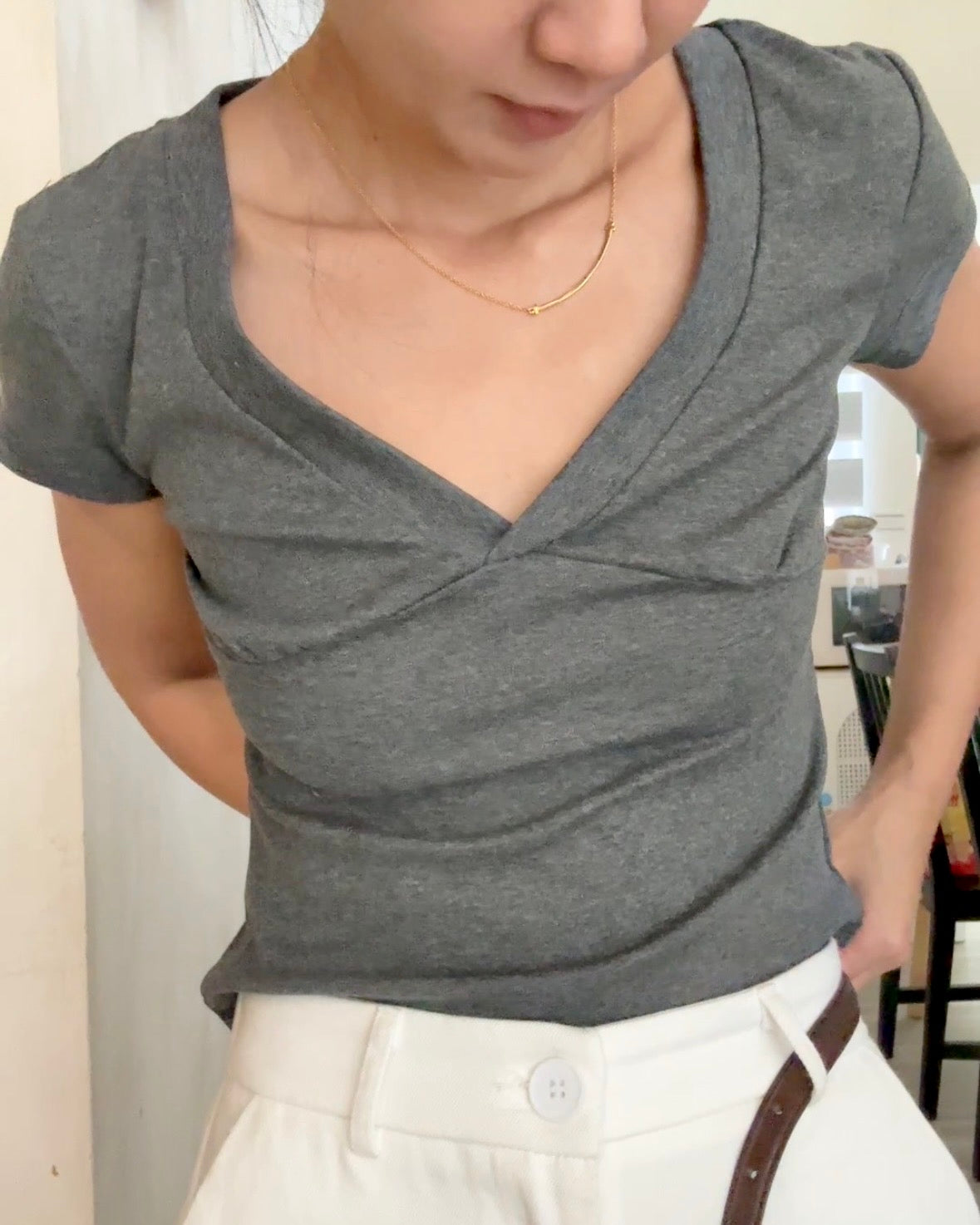 Tpliz2608V領棉質小飛袖上衣（灰）