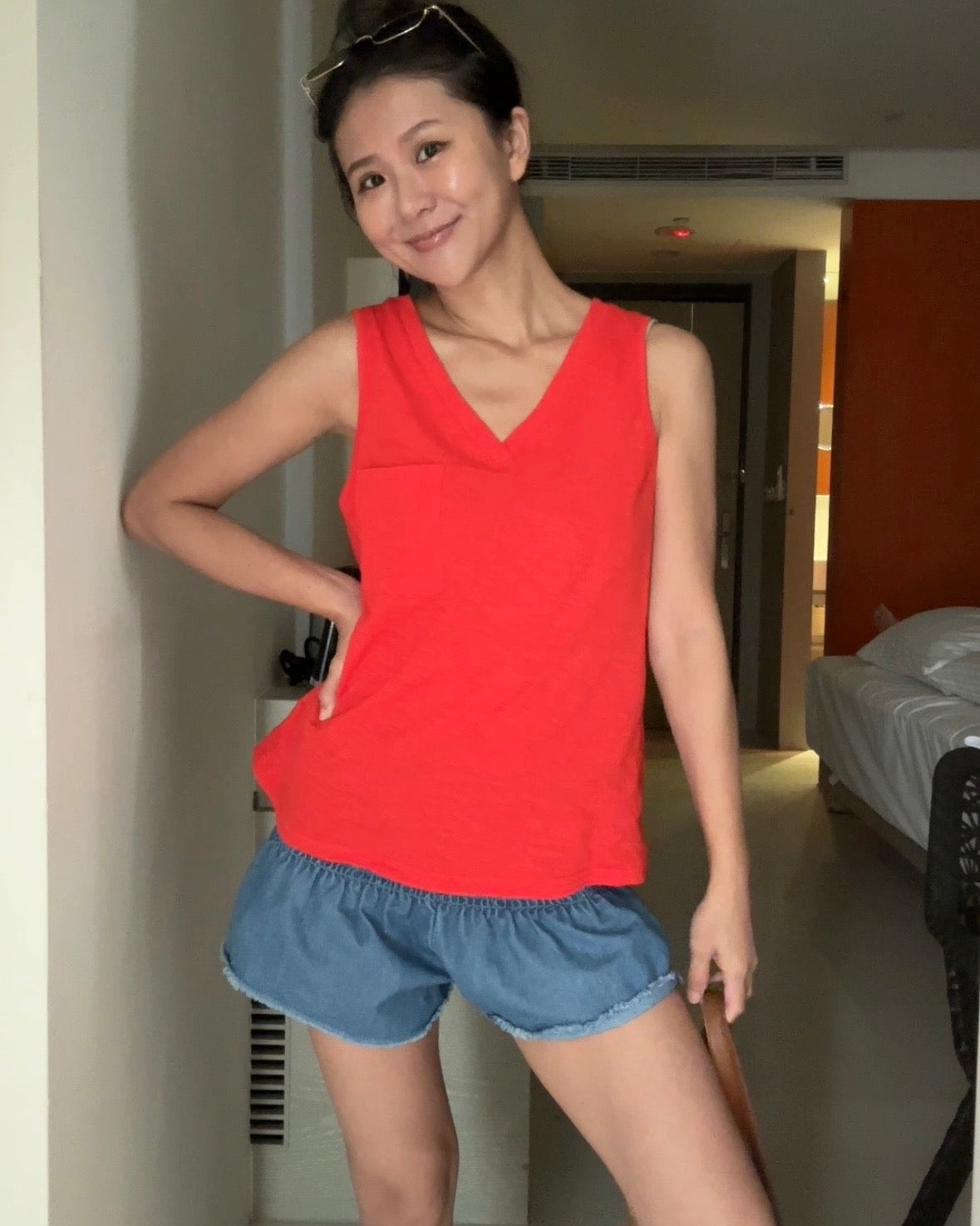 Tpliz2607V領小口袋休閒上衣（橘紅）-1