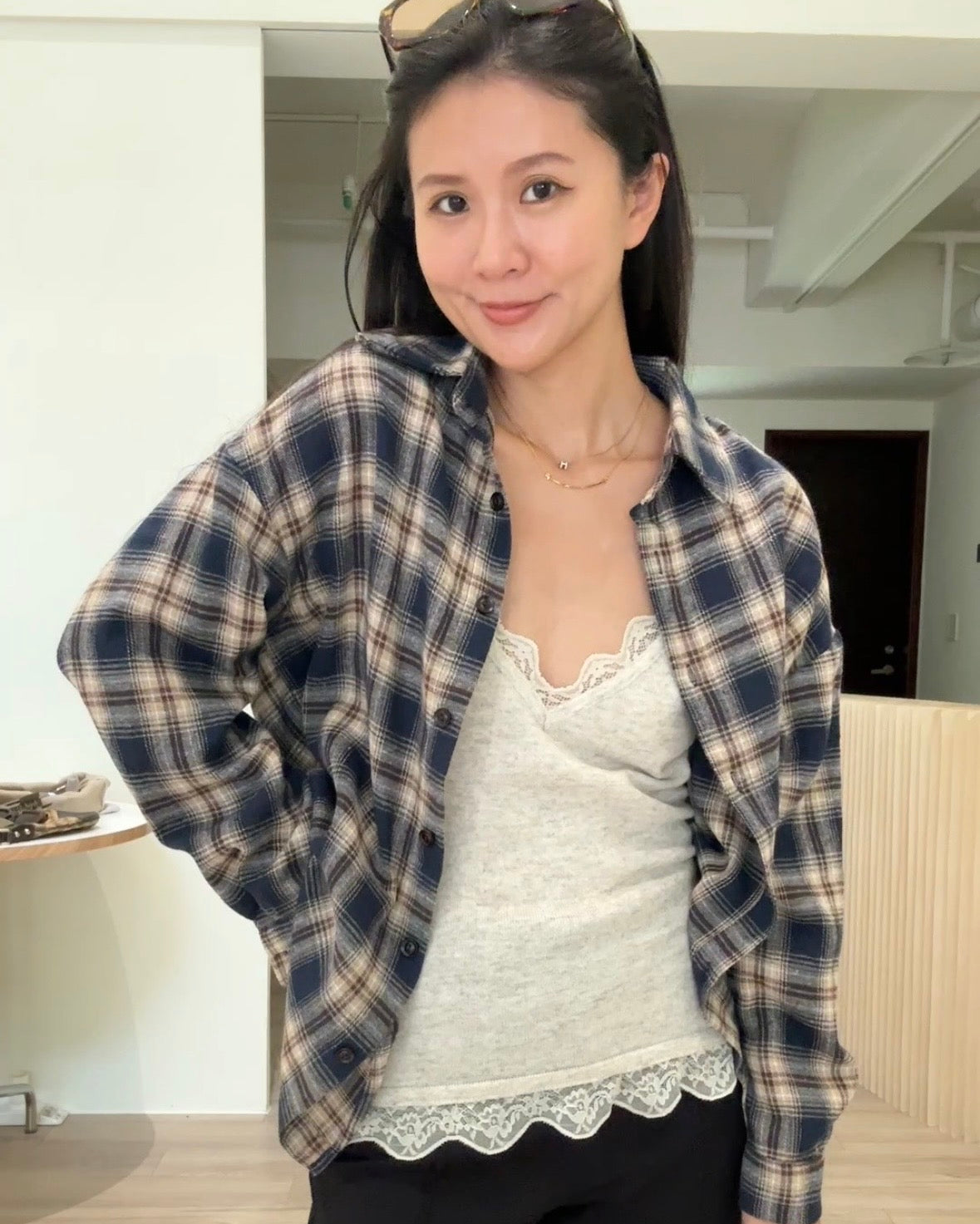 Tpliz2609格紋落肩襯衫-7