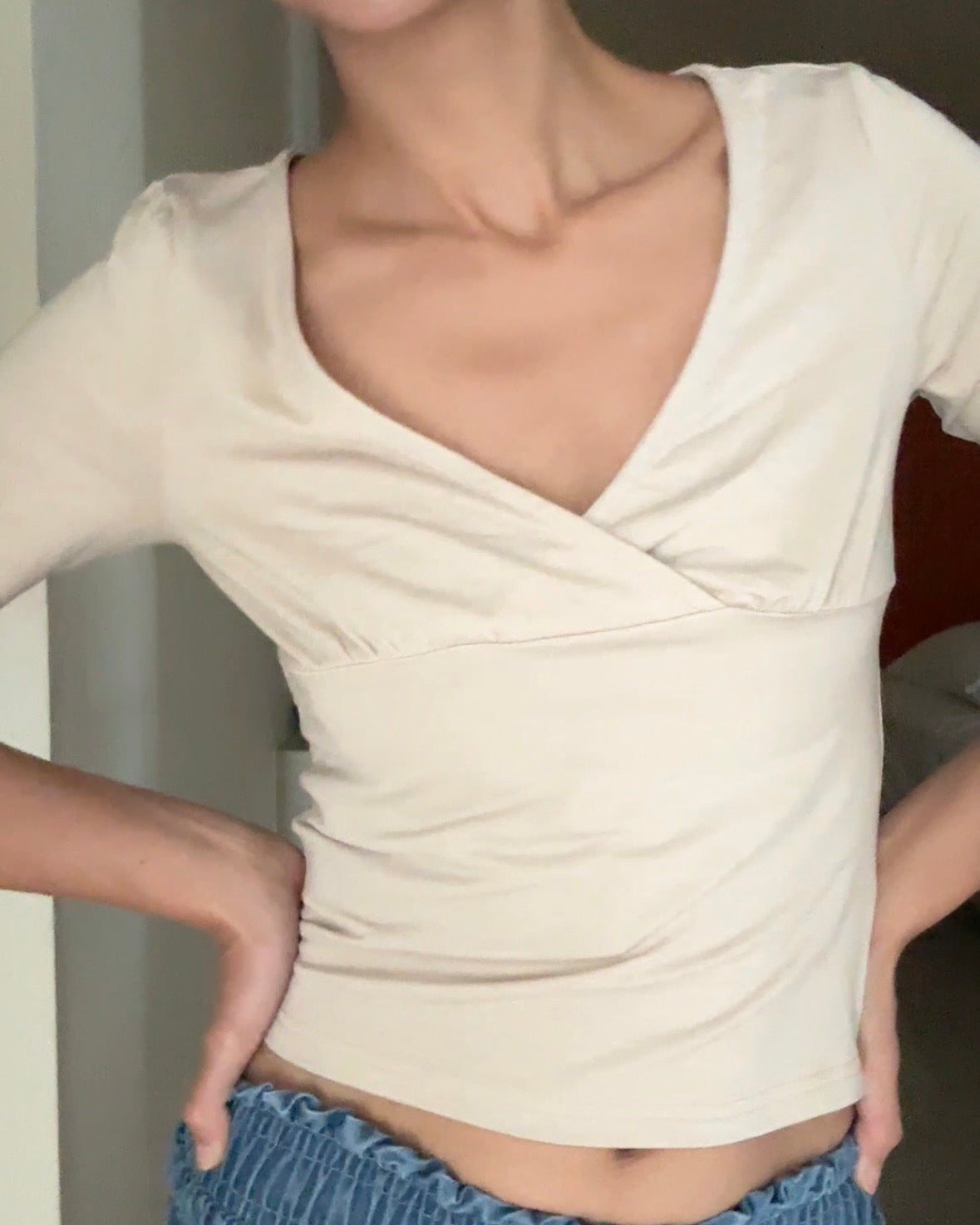 Tpliz2607V領七分袖彈性上衣（杏色）-5