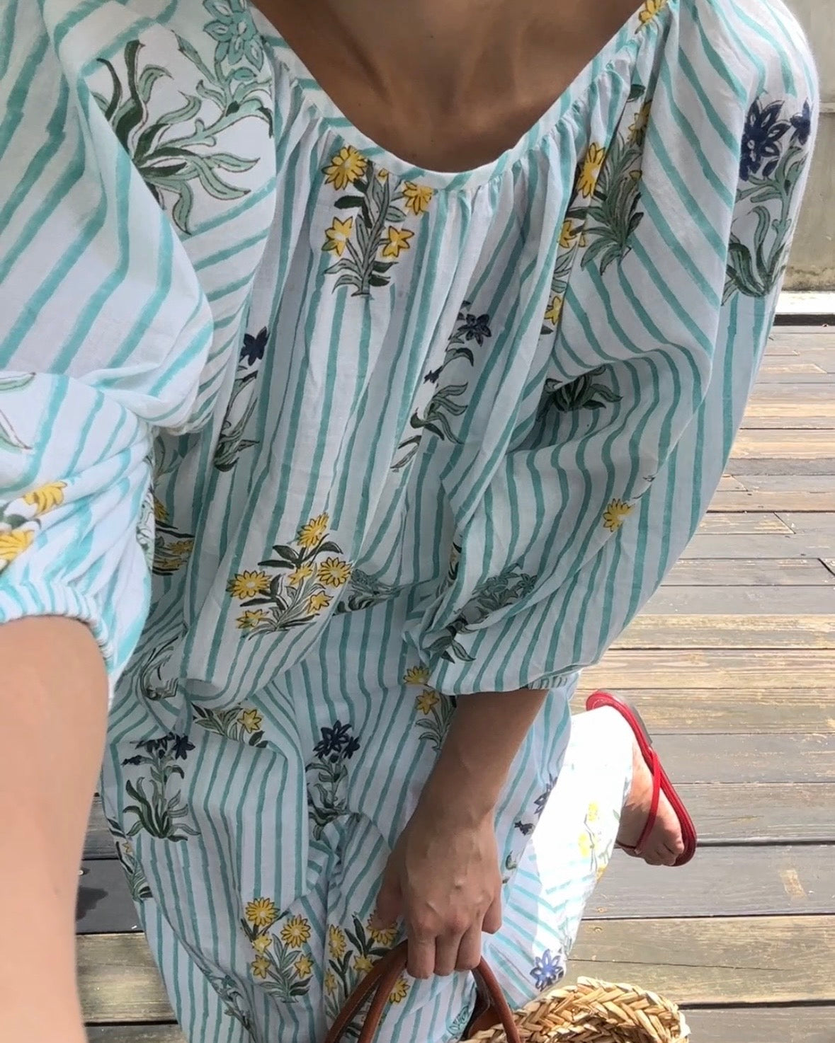 Opta2606條文小花泡泡袖洋裝（藍綠）-11