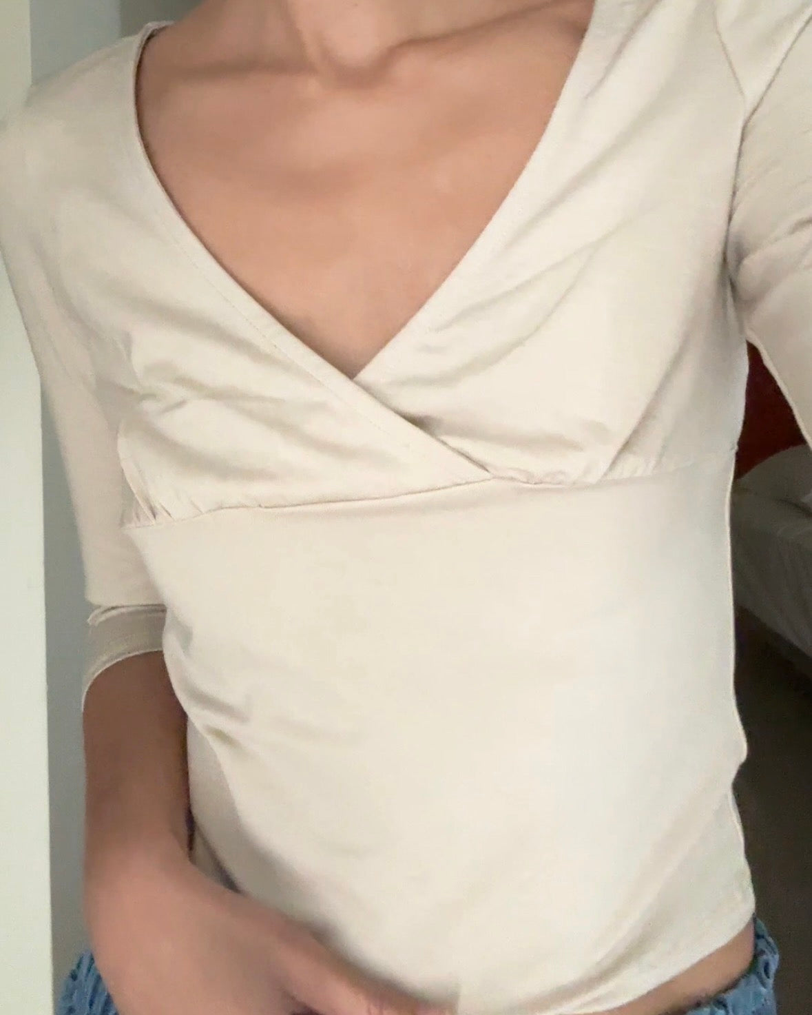 Tpliz2607V領七分袖彈性上衣（杏色）-7