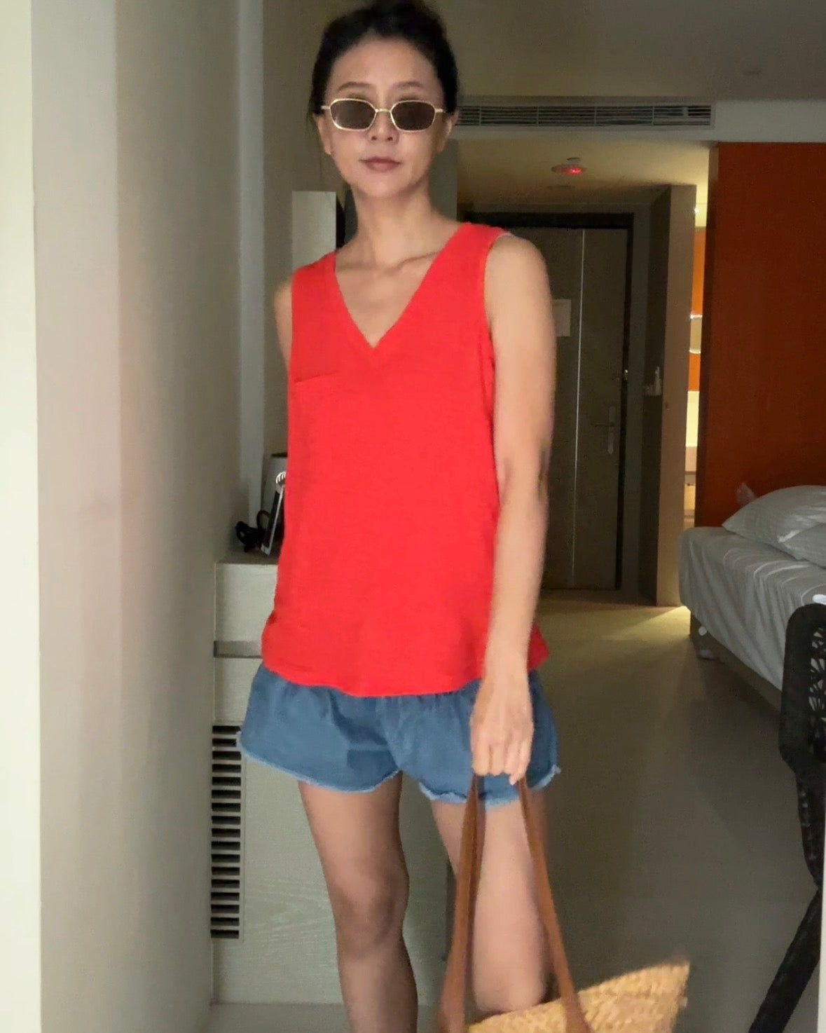 Tpliz2607V領小口袋休閒上衣（橘紅）-2