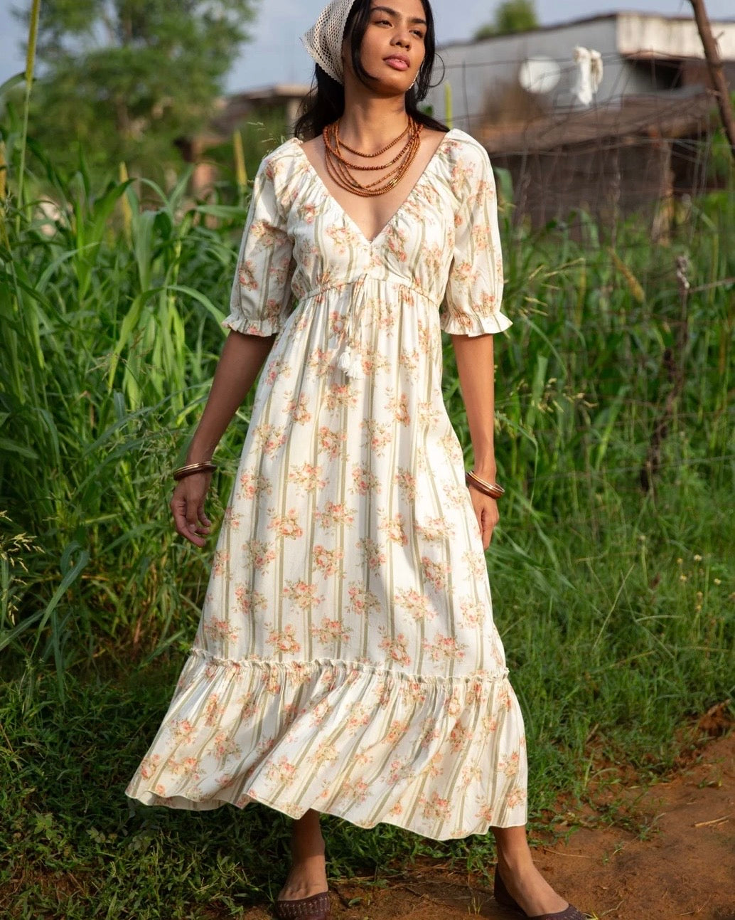 Opaupre鄉村風花朵鬆緊洋裝